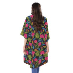 Tropical Bird Of Paradise Pattern Print Open Front Beach Cover Up