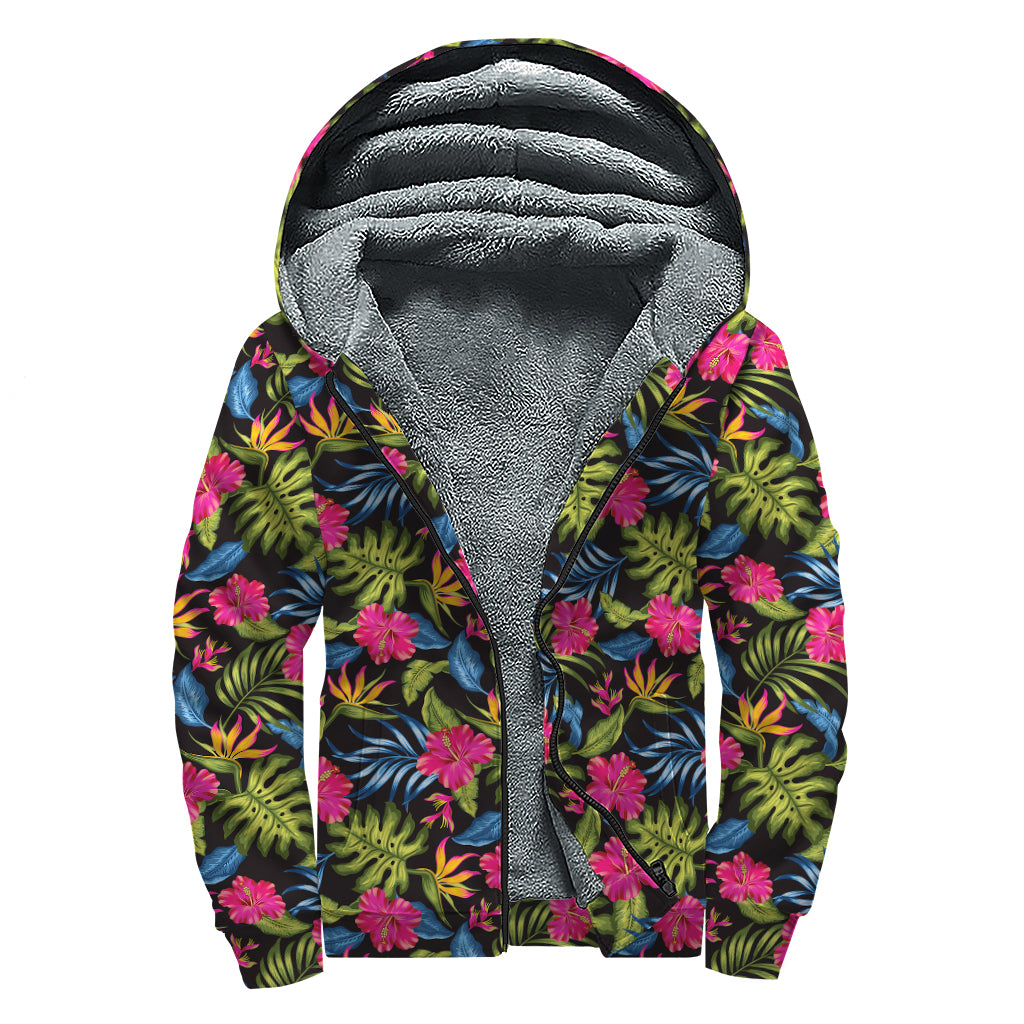Tropical Bird Of Paradise Pattern Print Sherpa Lined Zip Up Hoodie