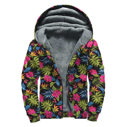 Tropical Bird Of Paradise Pattern Print Sherpa Lined Zip Up Hoodie