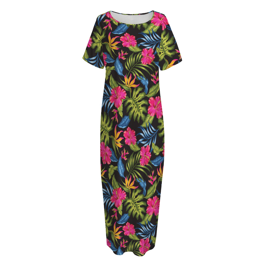 Tropical Bird Of Paradise Pattern Print Short Sleeve Long Nightdress