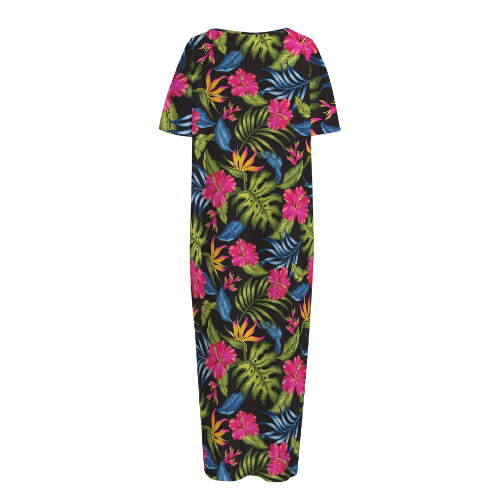 Tropical Bird Of Paradise Pattern Print Short Sleeve Long Nightdress