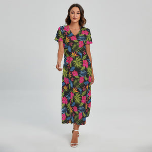 Tropical Bird Of Paradise Pattern Print Short Sleeve Maxi Dress