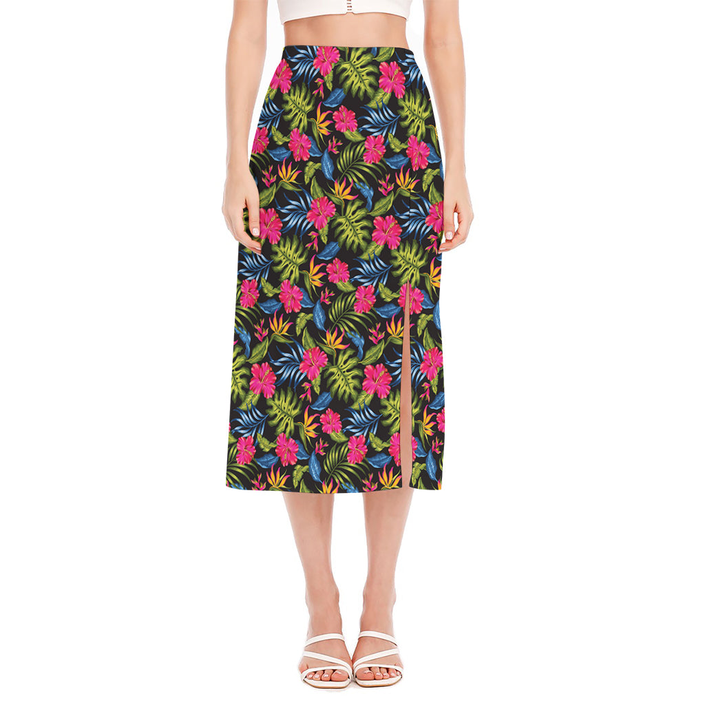 Tropical Bird Of Paradise Pattern Print Side Slit Midi Skirt