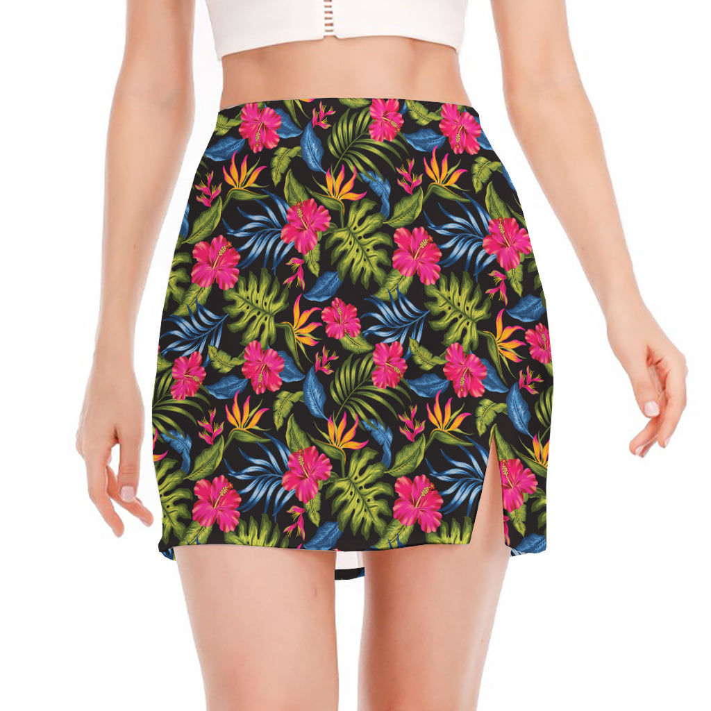 Tropical Bird Of Paradise Pattern Print Side Slit Mini Skirt