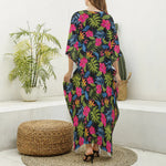 Tropical Bird Of Paradise Pattern Print Silk V-Neck Kaftan Dress