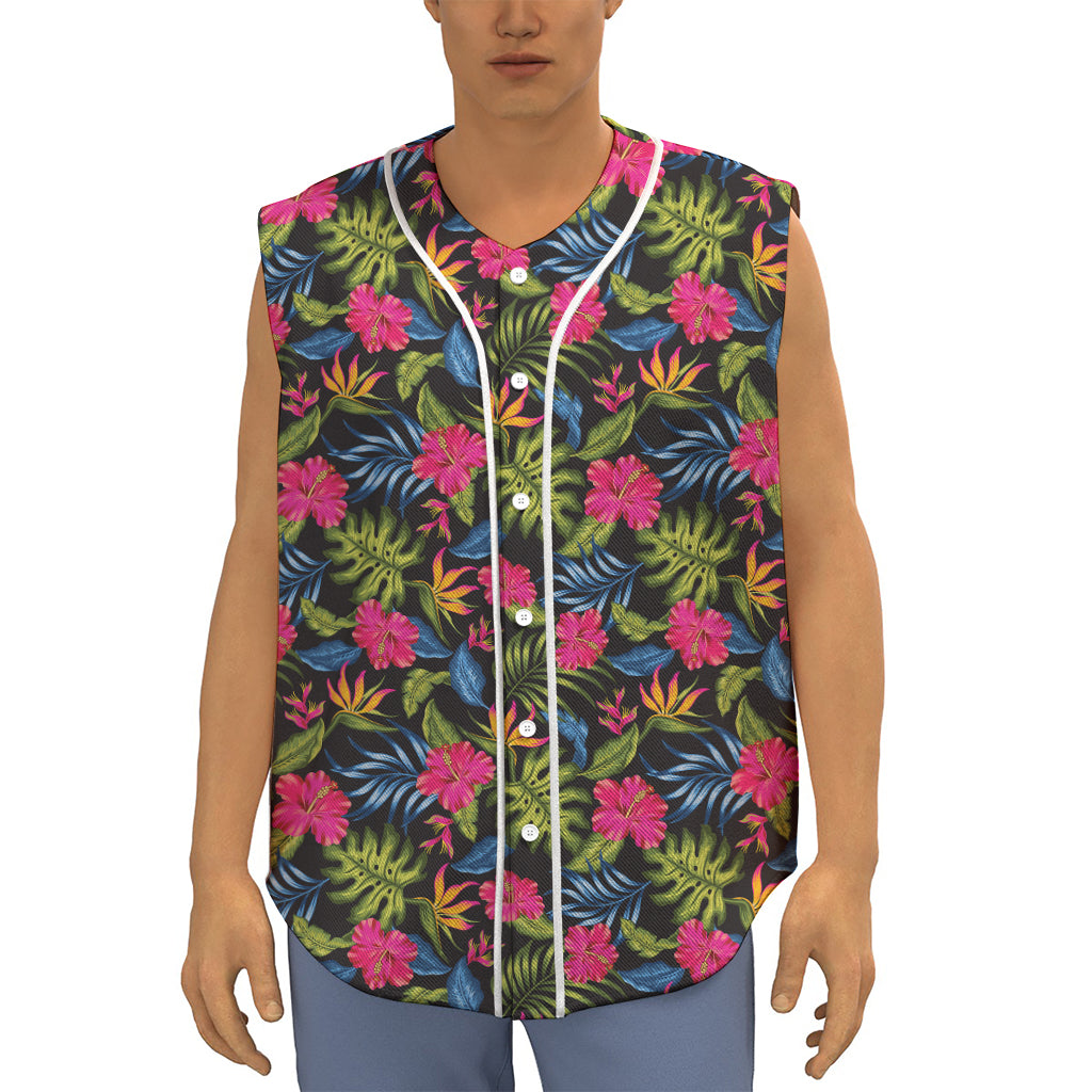 Tropical Bird Of Paradise Pattern Print Sleeveless Baseball Jersey