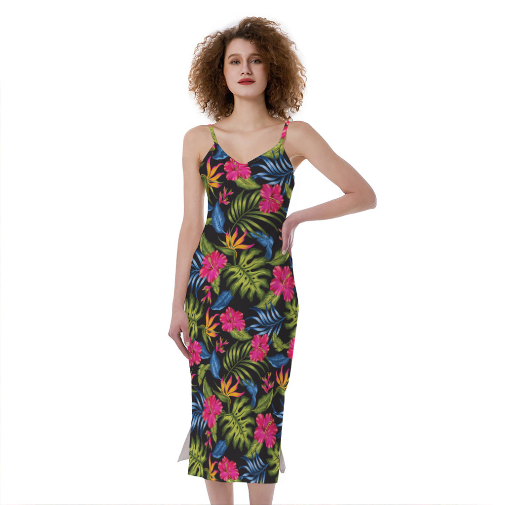 Tropical Bird Of Paradise Pattern Print Slim Fit Midi Cami Dress