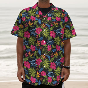 Tropical Bird Of Paradise Pattern Print Textured Short Sleeve Shirt