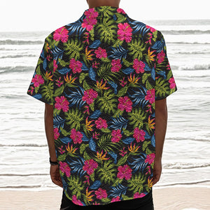 Tropical Bird Of Paradise Pattern Print Textured Short Sleeve Shirt