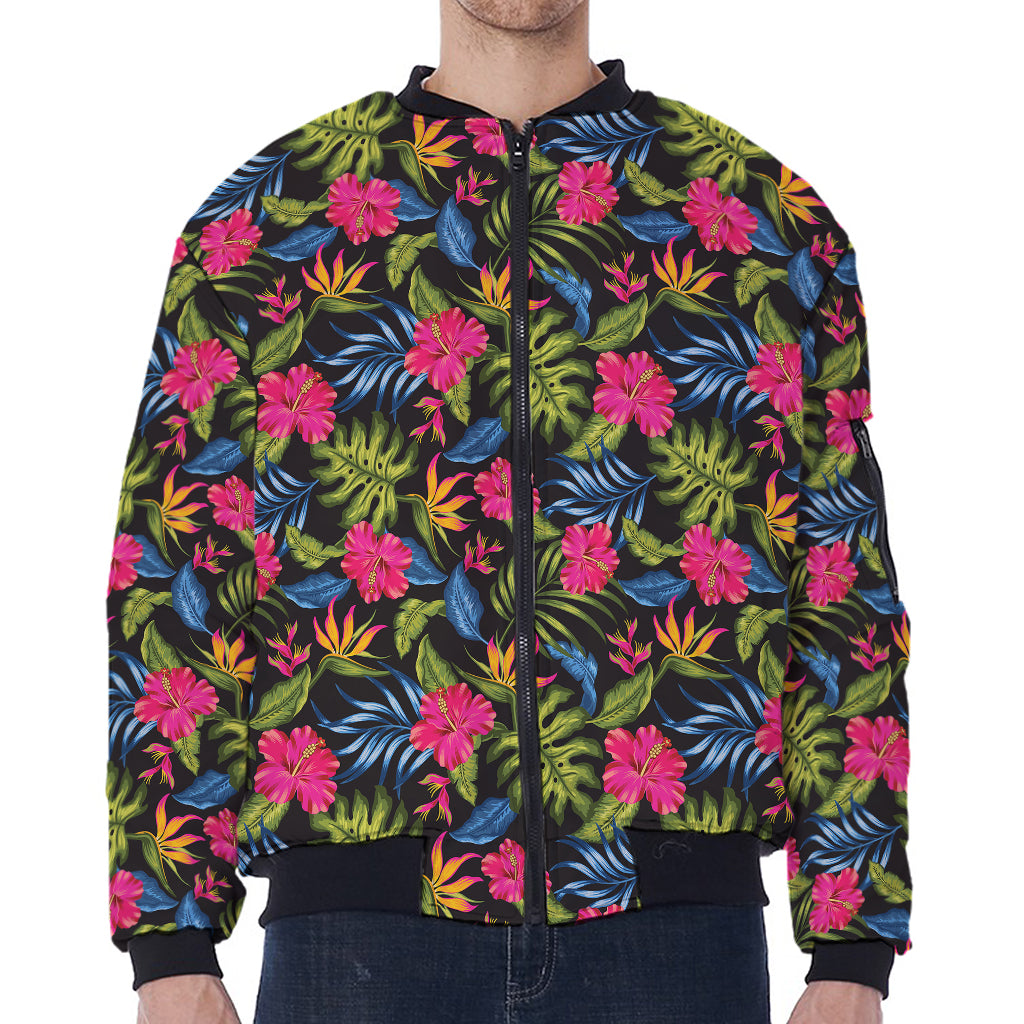 Tropical Bird Of Paradise Pattern Print Zip Sleeve Bomber Jacket