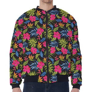 Tropical Bird Of Paradise Pattern Print Zip Sleeve Bomber Jacket