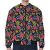 Tropical Bird Of Paradise Pattern Print Zip Sleeve Bomber Jacket