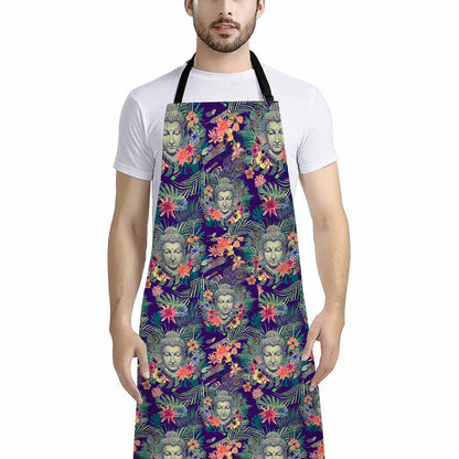 Tropical Buddha Print Bib Apron With Pocket