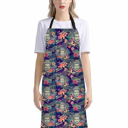 Tropical Buddha Print Bib Apron With Pocket