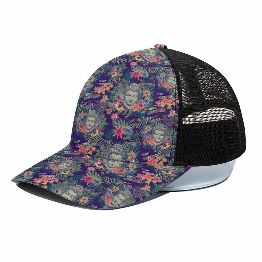 Tropical Buddha Print Black Mesh Trucker Cap