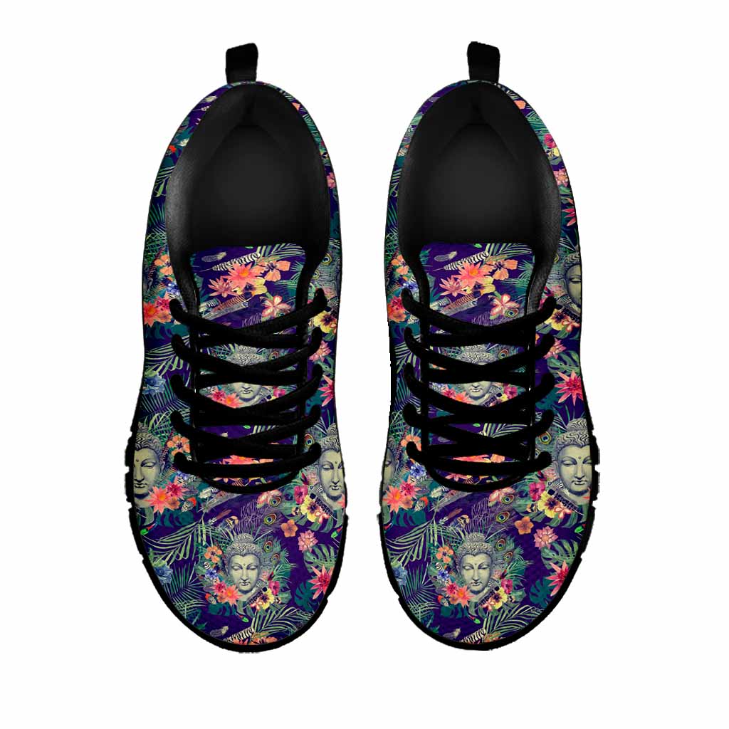 Tropical Buddha Print Black Running Shoes