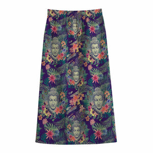 Tropical Buddha Print Cotton Front Slit Maxi Skirt