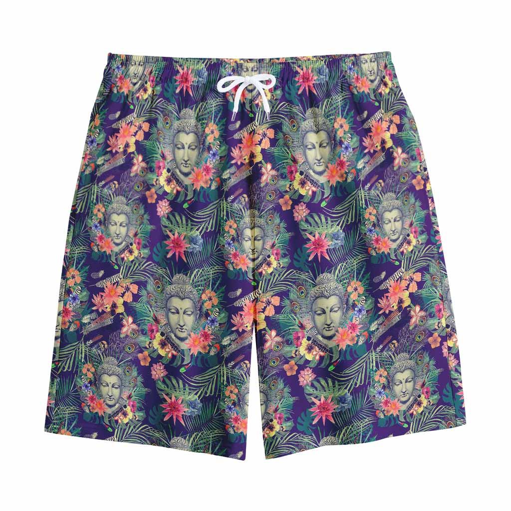 Tropical Buddha Print Cotton Shorts