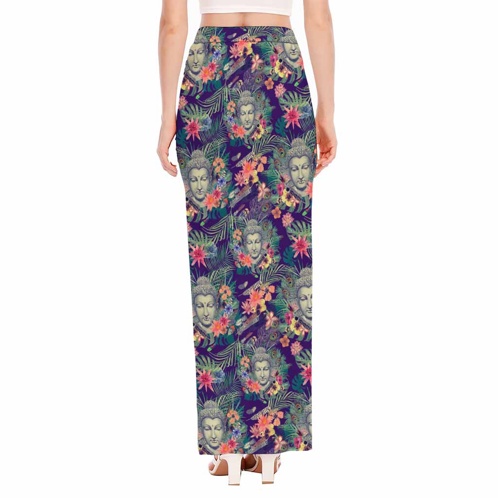 Tropical Buddha Print High Slit Maxi Skirt