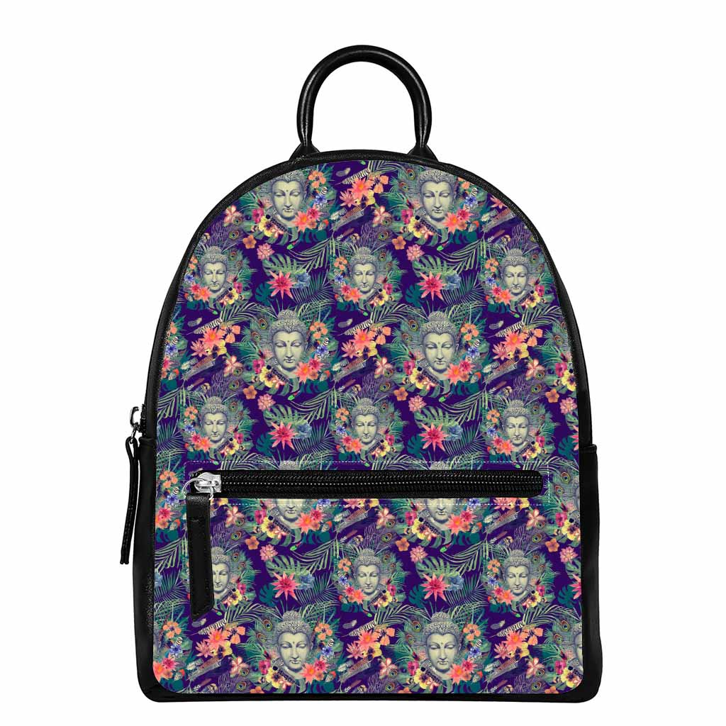 Tropical Buddha Print Leather Backpack