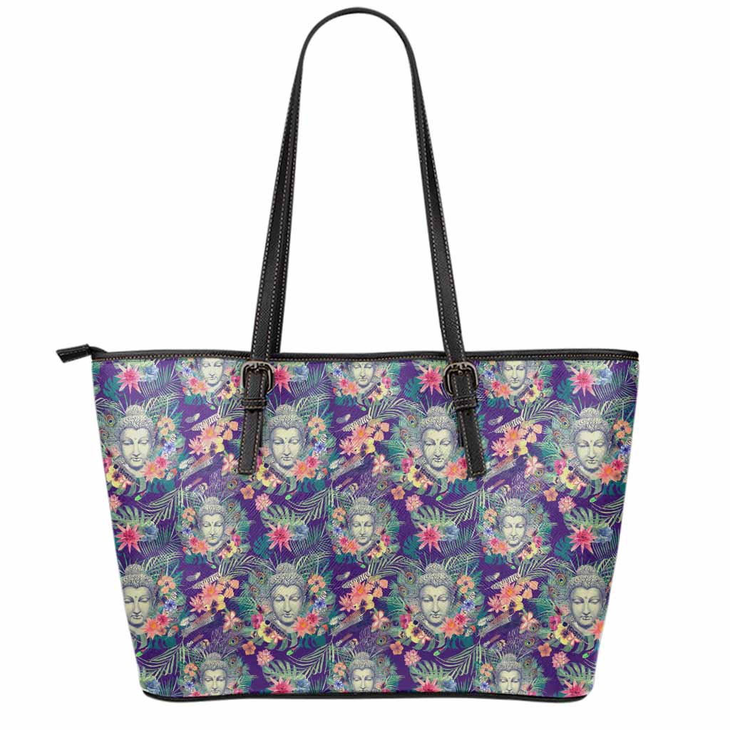 Tropical Buddha Print Leather Tote Bag