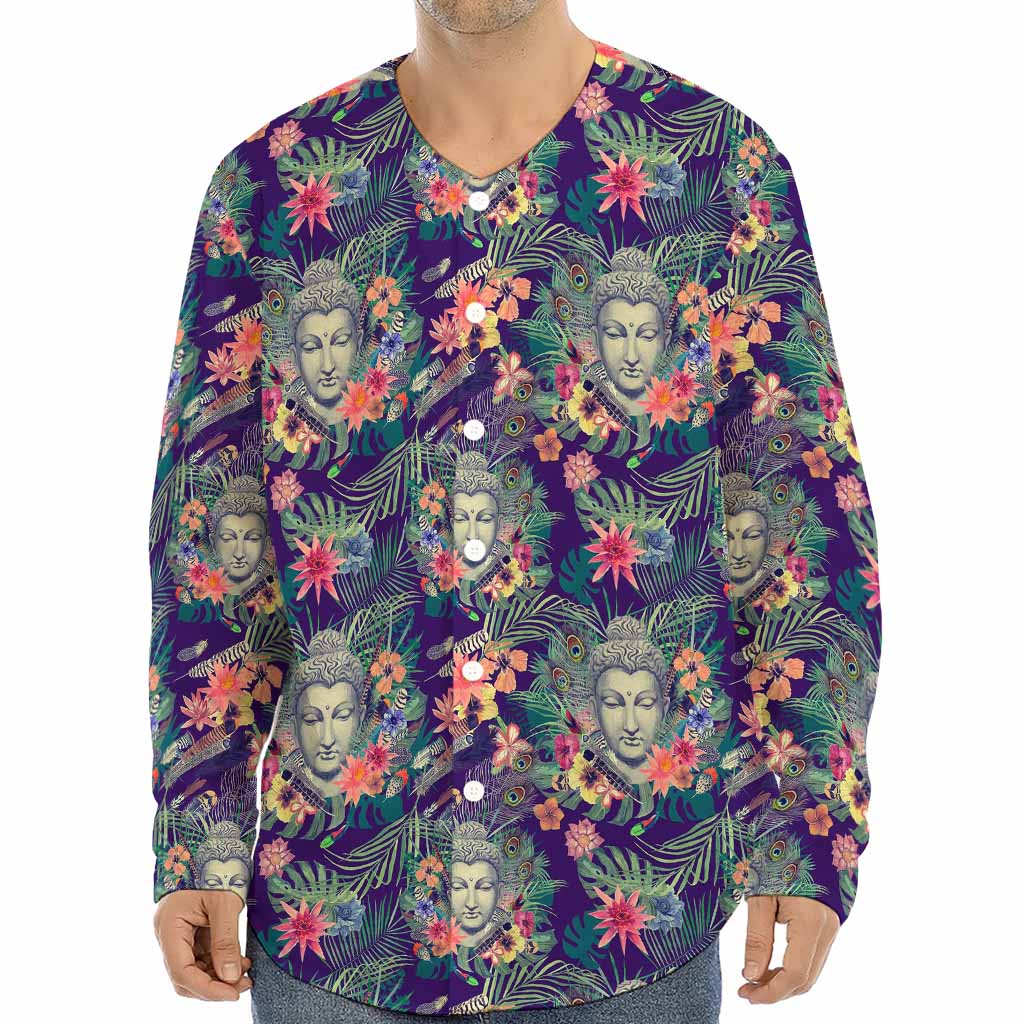 Tropical Buddha Print Long Sleeve Baseball Jersey