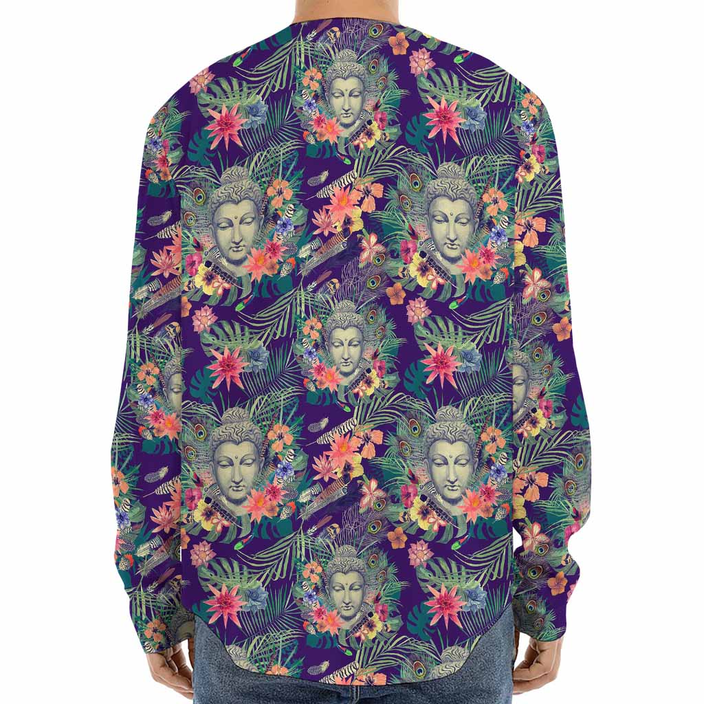 Tropical Buddha Print Long Sleeve Baseball Jersey