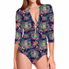 Tropical Buddha Print Long Sleeve Swimsuit