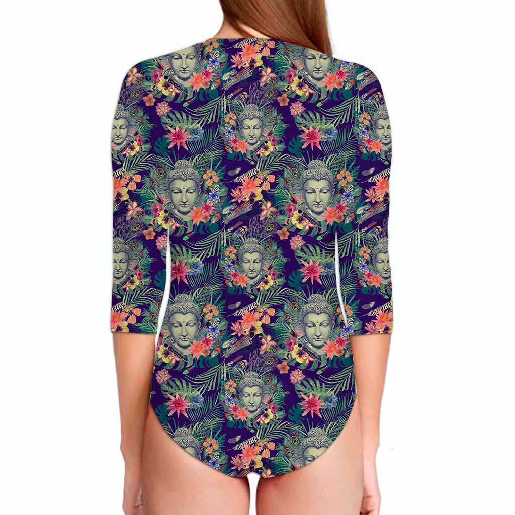 Tropical Buddha Print Long Sleeve Swimsuit