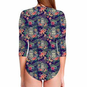 Tropical Buddha Print Long Sleeve Swimsuit