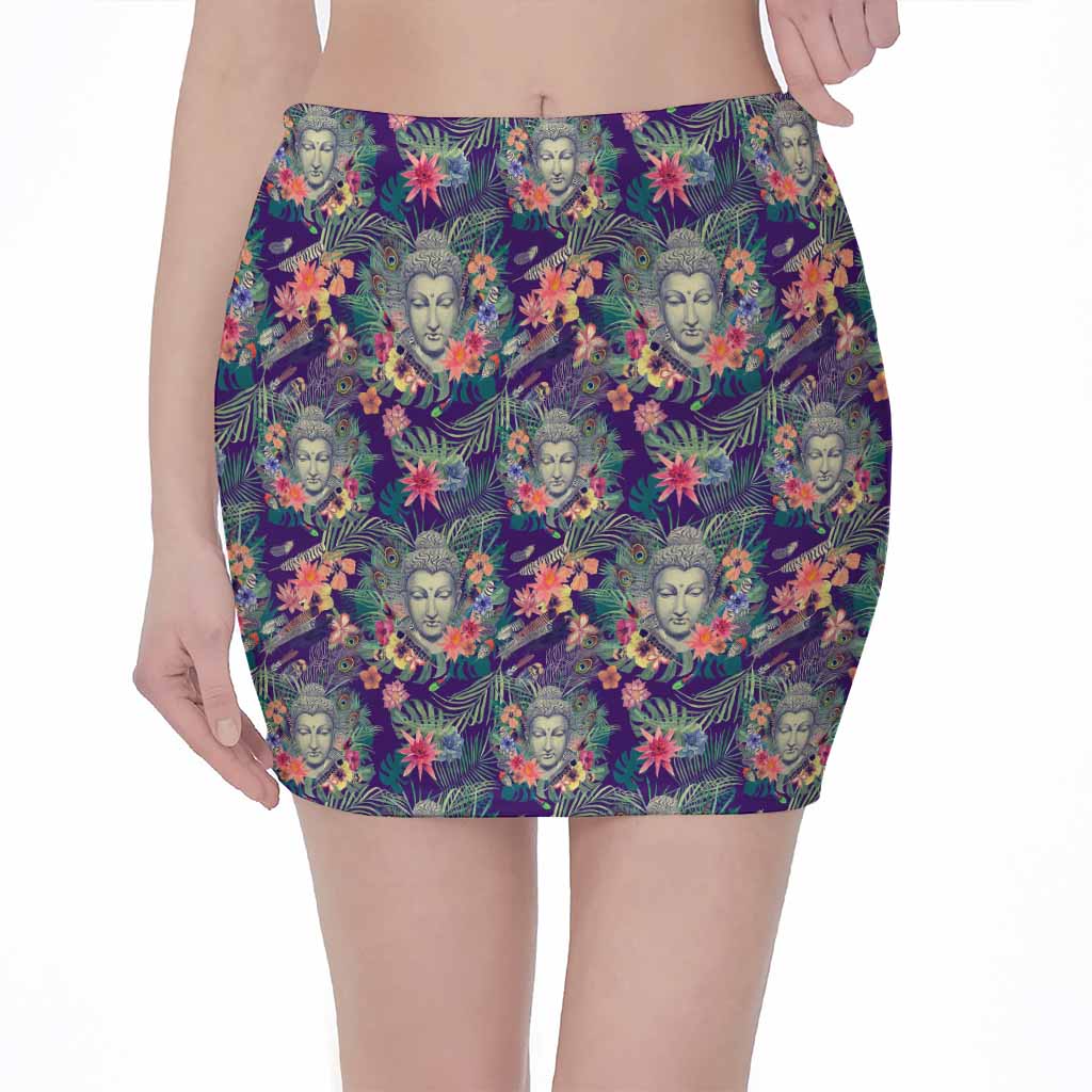 Tropical Buddha Print Pencil Mini Skirt