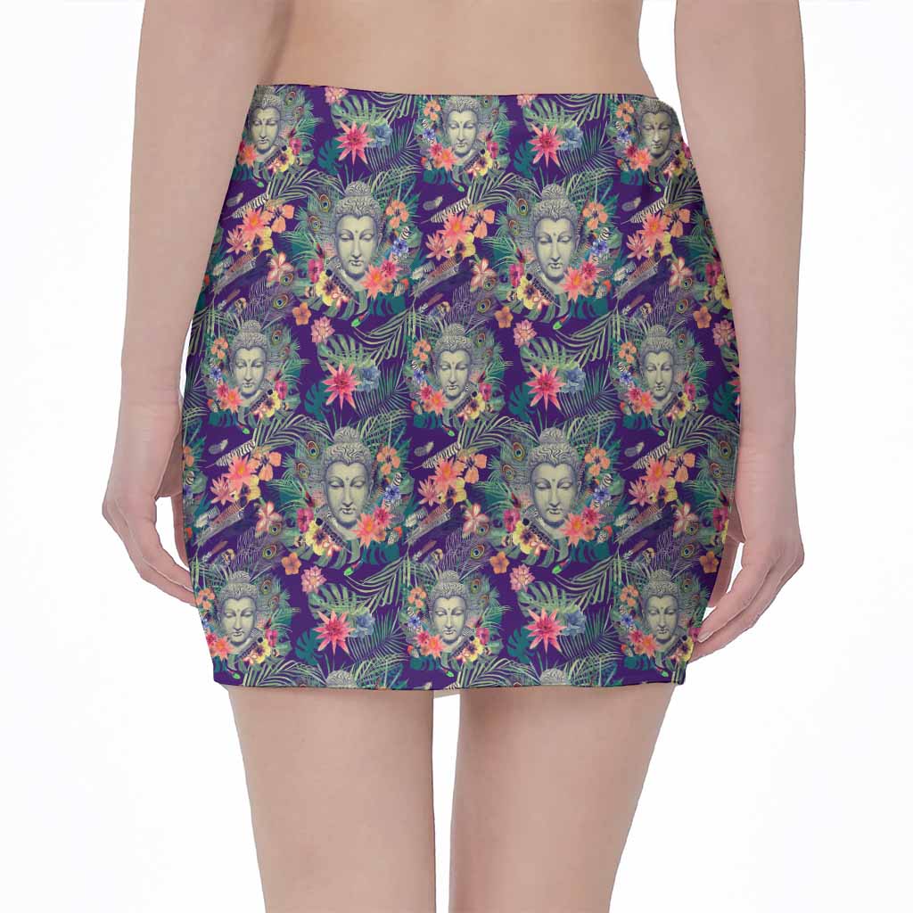 Tropical Buddha Print Pencil Mini Skirt