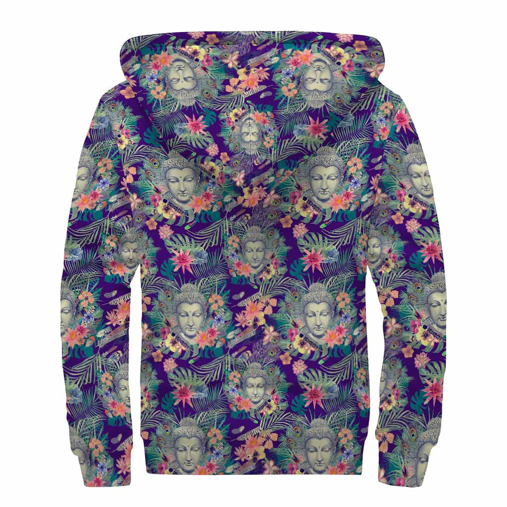 Tropical Buddha Print Sherpa Lined Zip Up Hoodie