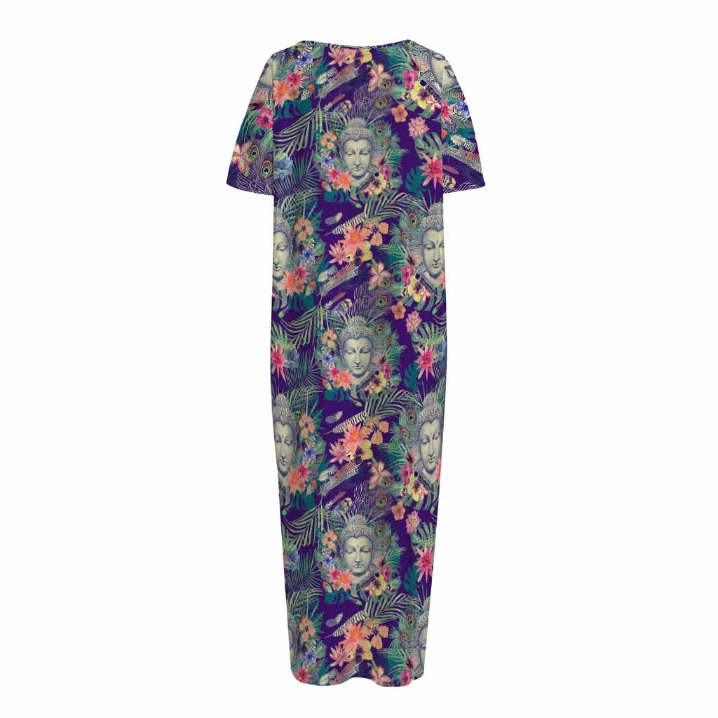 Tropical Buddha Print Short Sleeve Long Nightdress