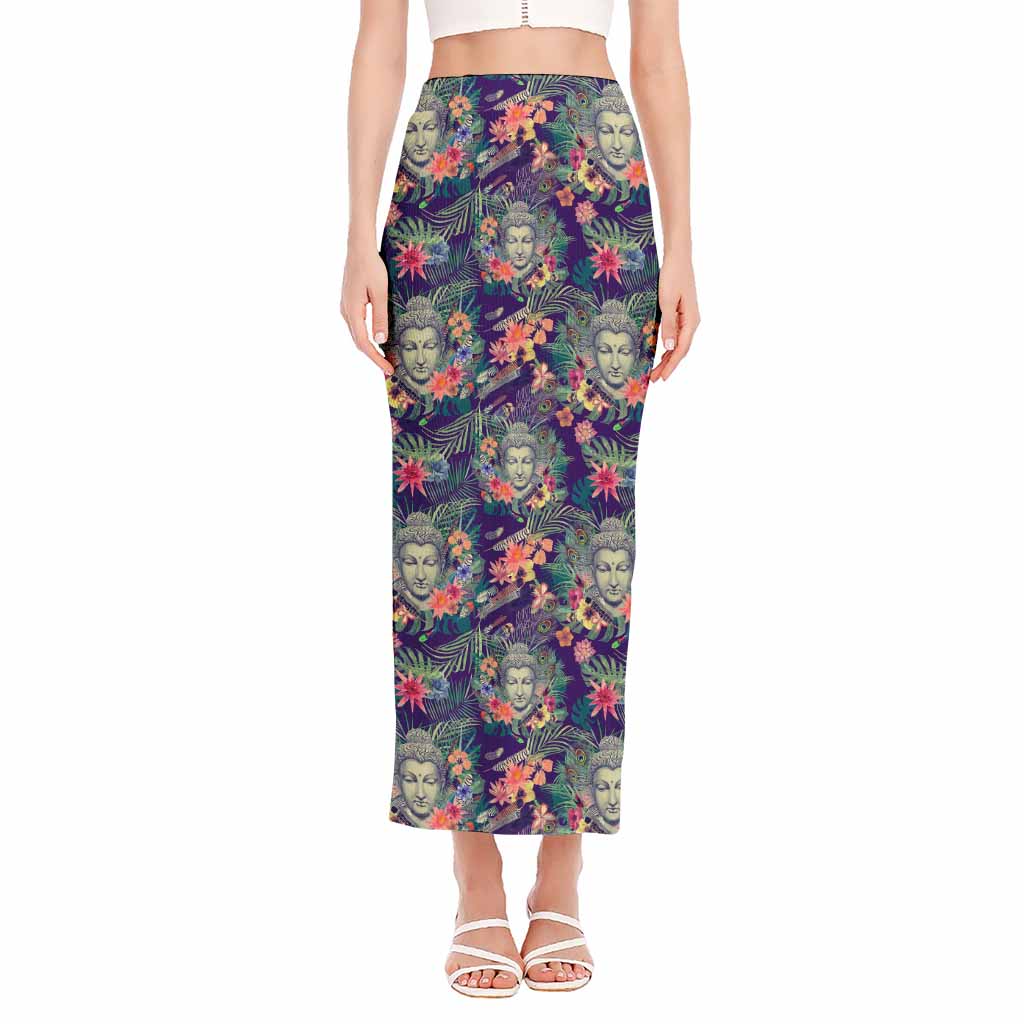 Tropical Buddha Print Side Slit Maxi Skirt