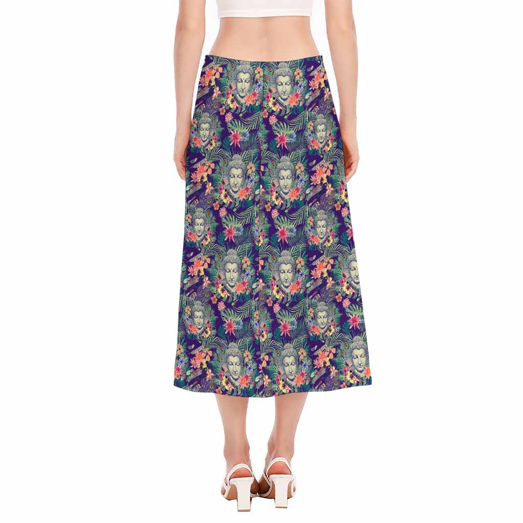 Tropical Buddha Print Side Slit Midi Skirt