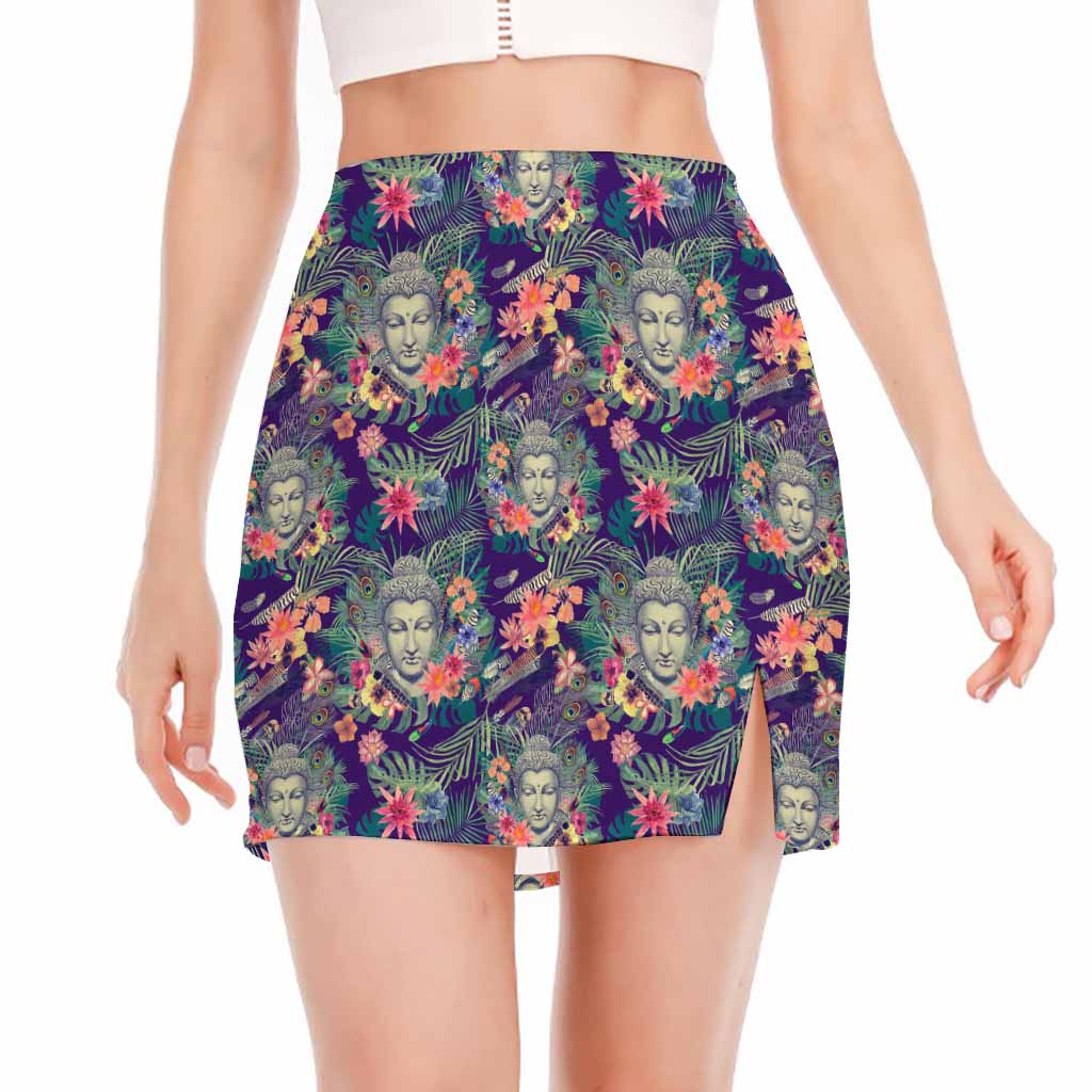 Tropical Buddha Print Side Slit Mini Skirt