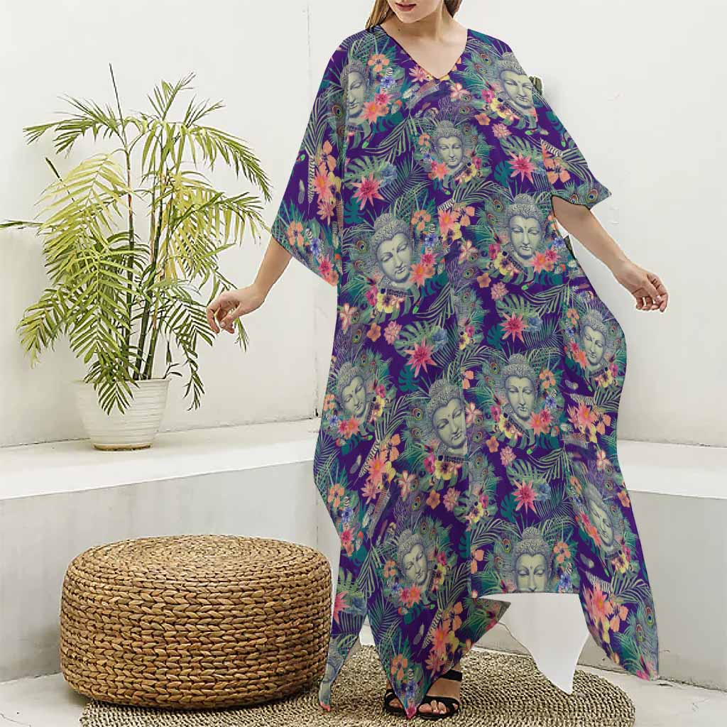 Tropical Buddha Print Silk V-Neck Kaftan Dress