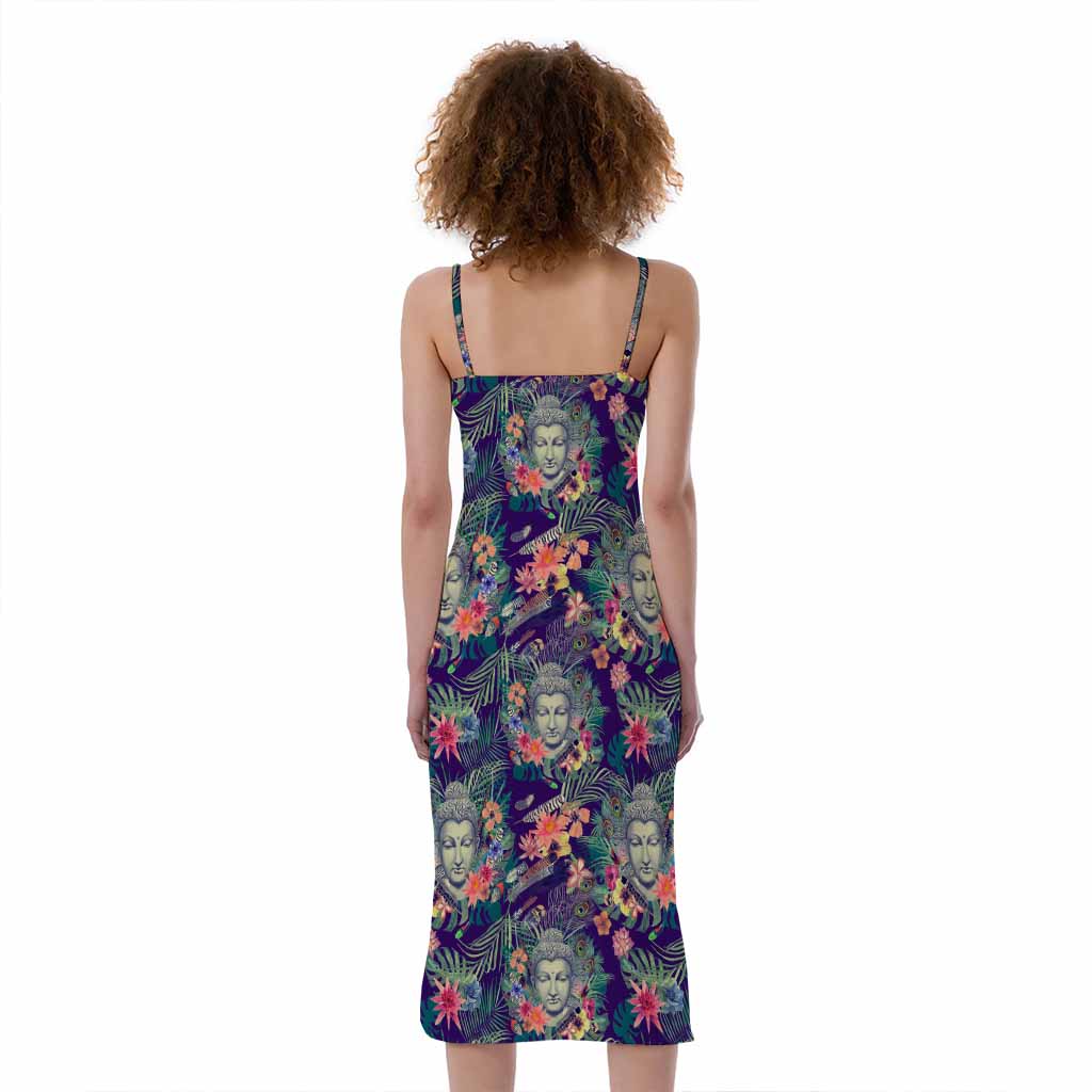 Tropical Buddha Print Slim Fit Midi Cami Dress