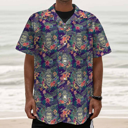 Tropical Buddha Print Textured Short Sleeve Shirt