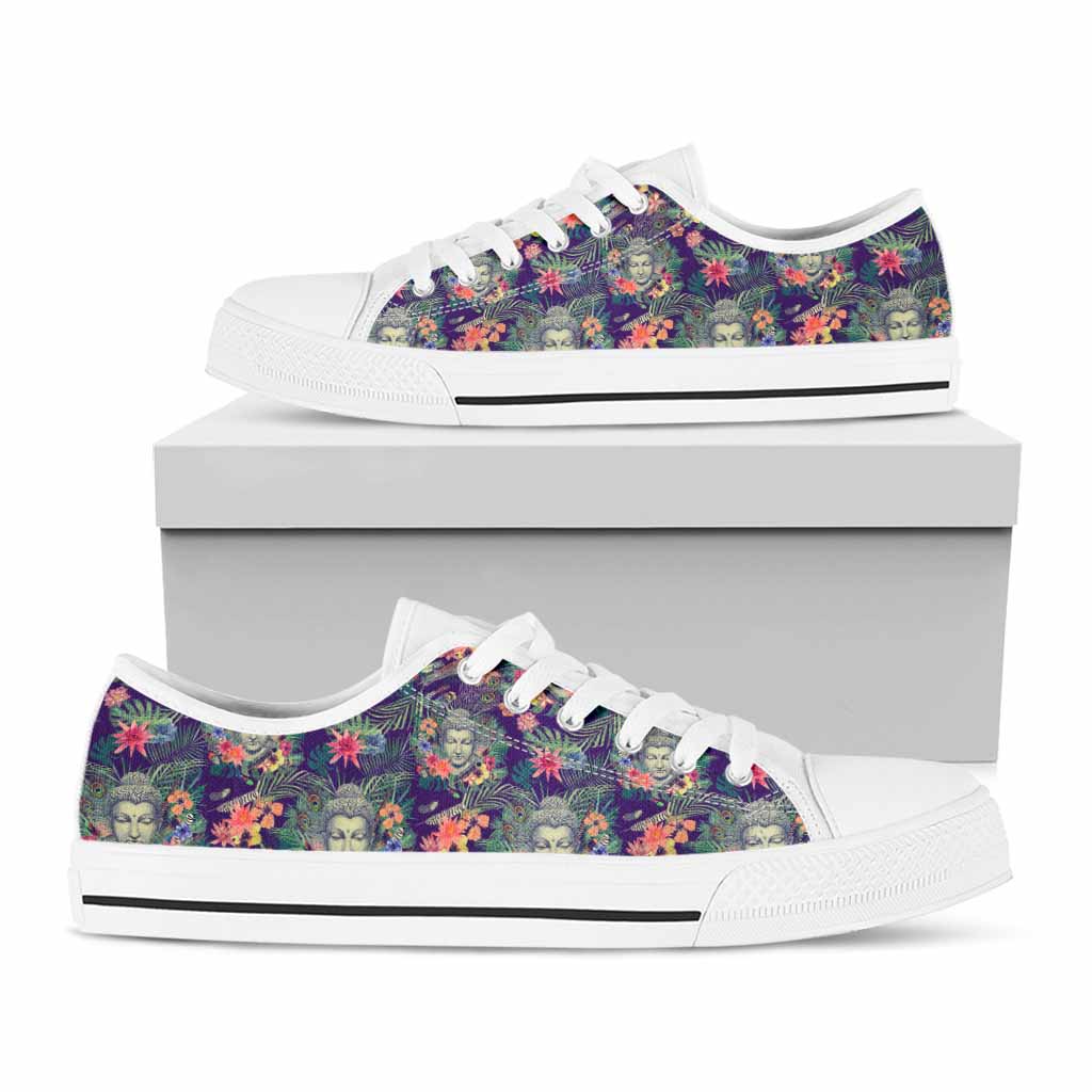 Tropical Buddha Print White Low Top Sneakers