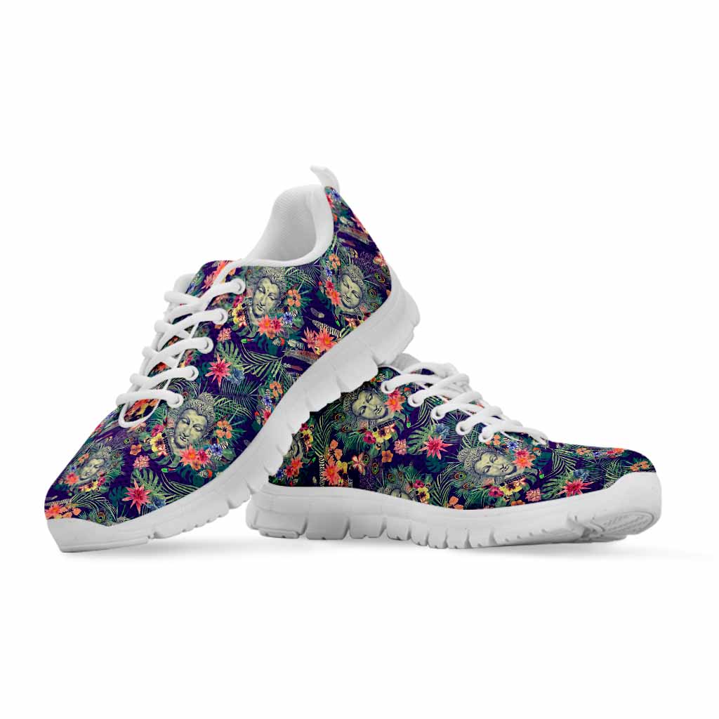 Tropical Buddha Print White Running Shoes