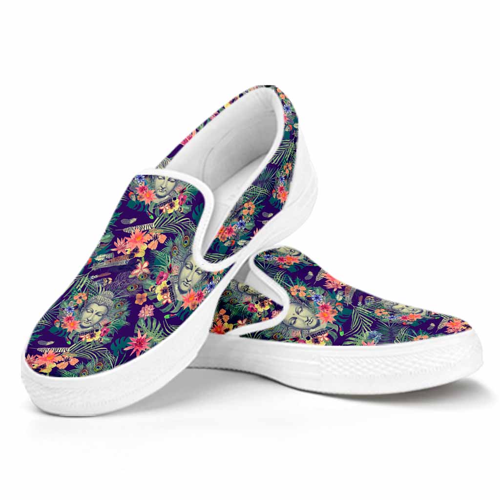 Tropical Buddha Print White Slip On Sneakers