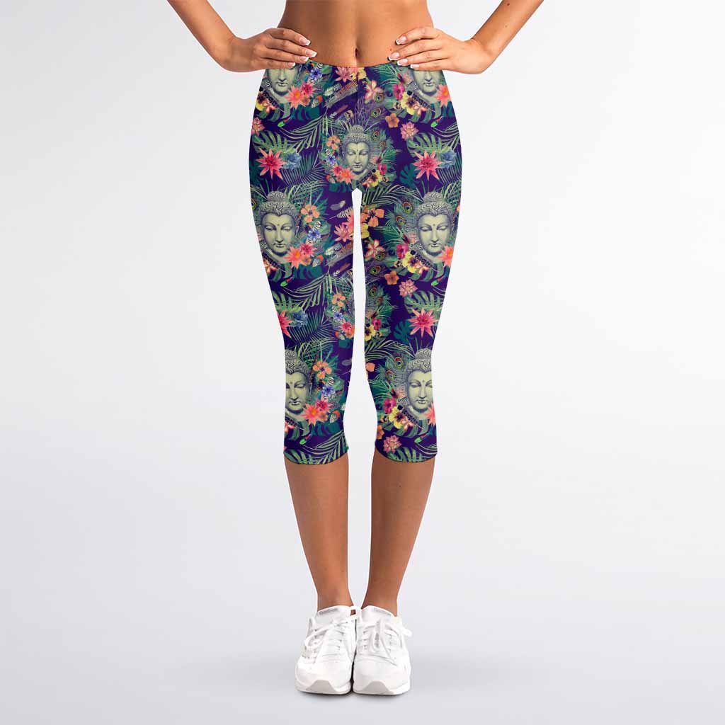 Tropical Buddha Print Women's Capri Leggings