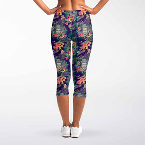 Tropical Buddha Print Women's Capri Leggings