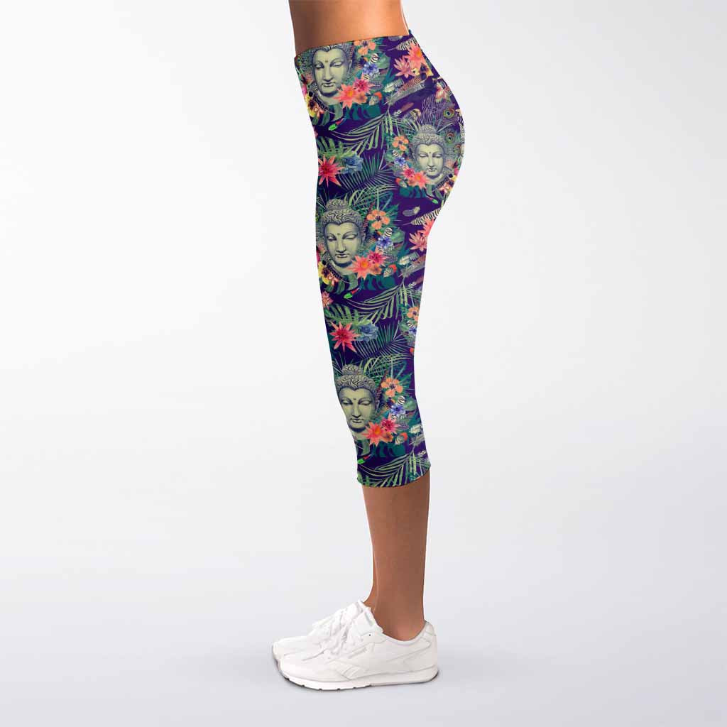 Tropical Buddha Print Women's Capri Leggings