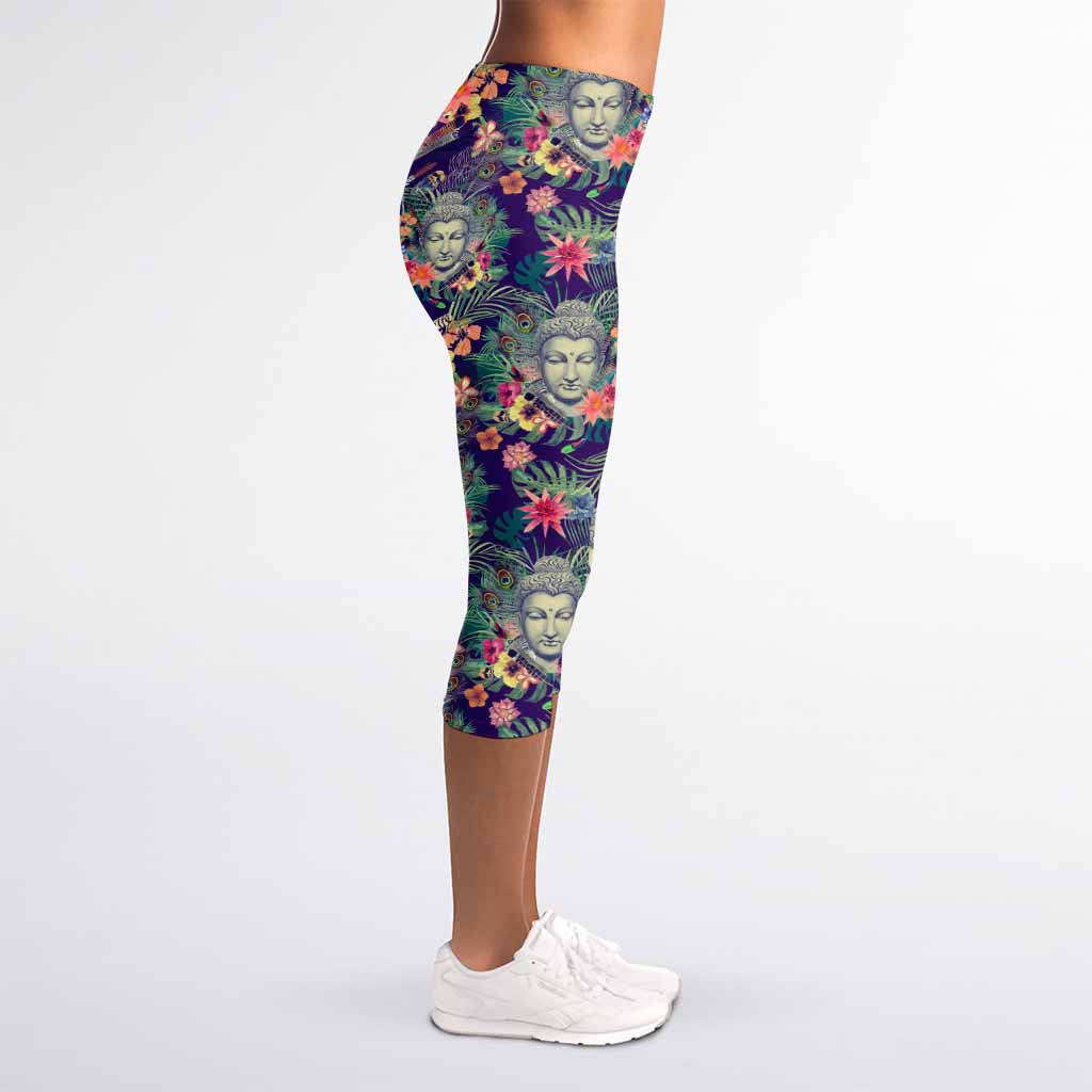 Tropical Buddha Print Women's Capri Leggings