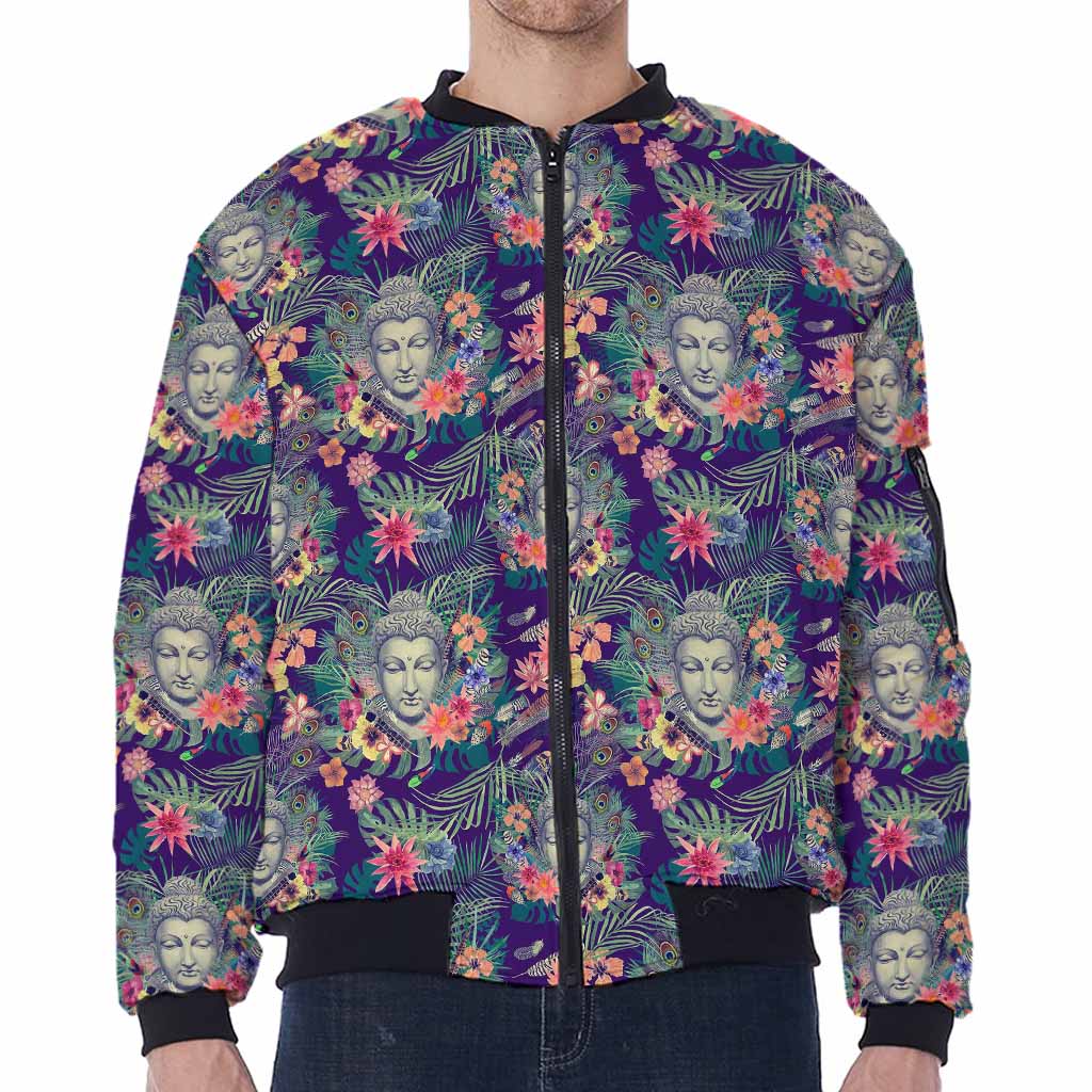 Tropical Buddha Print Zip Sleeve Bomber Jacket