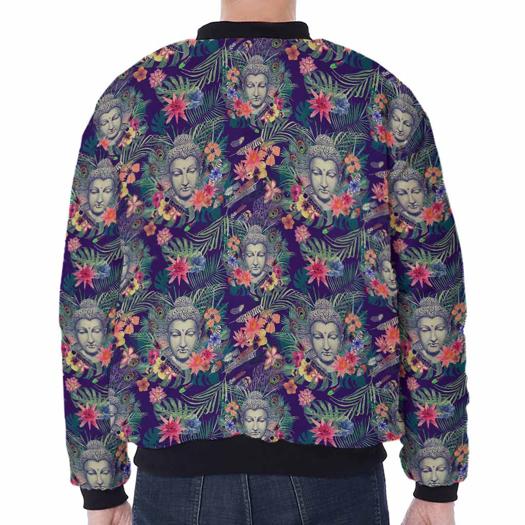 Tropical Buddha Print Zip Sleeve Bomber Jacket