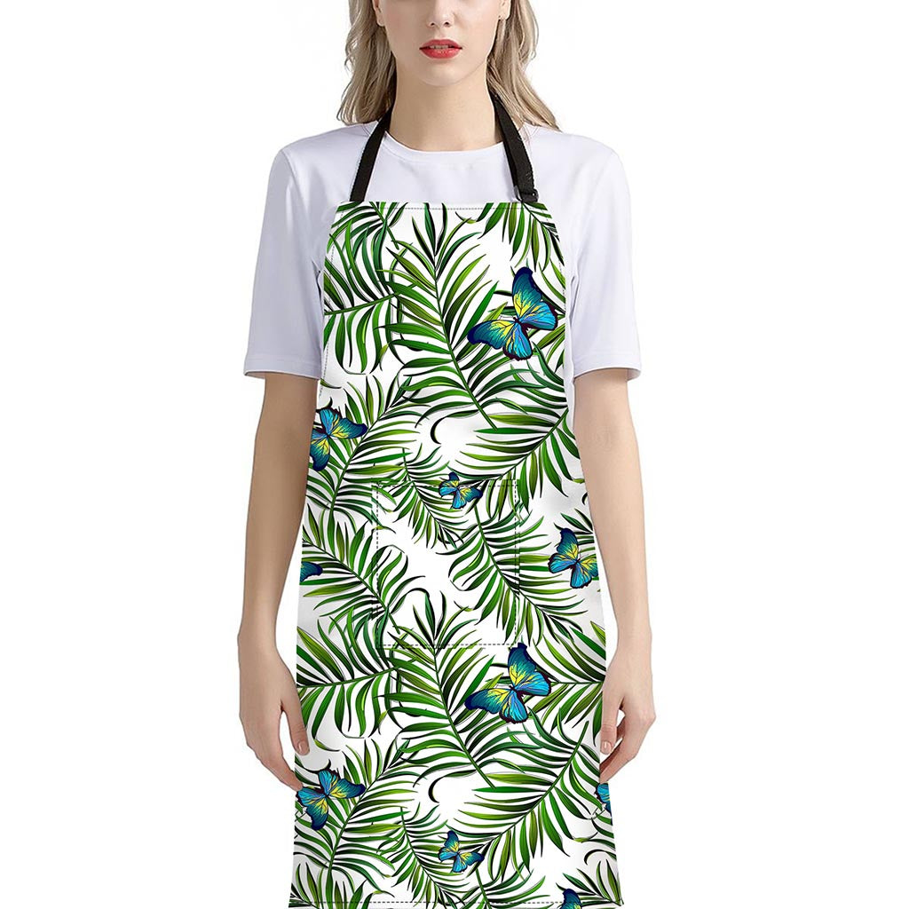 Tropical Butterfly Pattern Print Bib Apron With Pocket